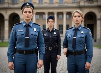 two women, german policewomen, 35-years old, full body view, front view