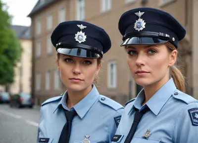 two women, attractive german policewomen, 35-years old, front view