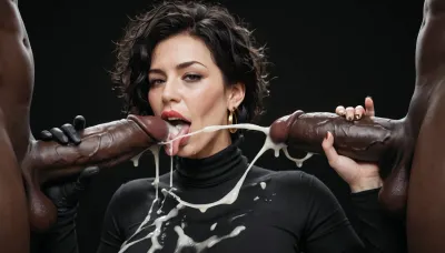 white curvy woman, (milf:1.3), extremely long black hair, messy hair, dark eyes, black jumpsuit with turtleneck, wearing black gloves. licking the head of a massive cock of a black african male, with a gigantic thick 25 inch penis, huge erection, handjob, grabbing the back of her head, cumshot on tongue, (ejaculation:1.2), excessive cum on body, cum on tongue, cum dripping from tongue, black room, black background.