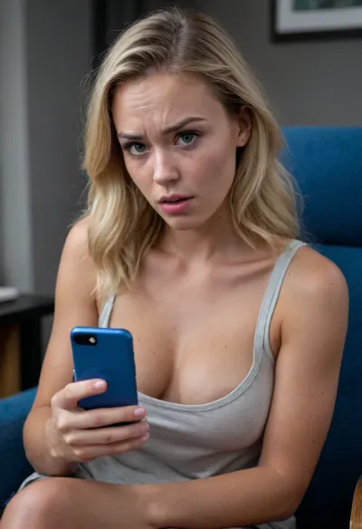 UHD 8K, (shy Christian girl sitting in an armchair and staring at her phone), (it is dark and her face is illuminated by the blue light her smartphone), (she is shocked and disgusted as she discovers that someone posted deepfakes of her on the Internet), (horror-struck), (night time), (her mouth is wide open in shock), (she is frowning), (she is extremely taken aback), (her gaze is locked her phone's screen), (realistic proportions), (perfect hands), surprised, look, girl, (girl frowning in disgust:1.5), (shocked:1.2), (hot chick:1.2), (northern European:1.2), (dirty blonde:1.2), (tanned), (freckles:1.1), (Swedish fitness girl:1.2), (disappointed expression:1.5), (big tits)