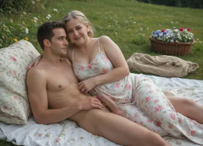 Picnic, sunny summer day, meadow, white blanket, cushions., one woman and one man., (Chubby granny in floral sundress), blonde hair, make up. handsome young man, naked, hard cock. Happy, nursing. flowers, books.