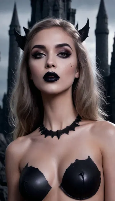 Dark Fantasy, a dark fantasy castle with high towers and pinnacles. Nude girl, faded makeup, skinny body, small tight ass, up close, medium breasts, nipple rings, (((black lipstick))), black chocker, The walls are ruined and cracked. At the center ther is a massive gothic tower. The castle is surrounded by a grim forest, and swarms of bats. The sky is dark and the night is dark. Fantasy. Dark. Black., <lora:Dark Fantasy:1>, supermodel, face, big, lips, <lora:Beautify-Supermodel-SDXL:.8>, liner, shadow, run, off, lsrf, mascara, <lora:liner shadow run off-GMR:.8>