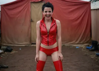 pale 39yo woman, very short spiky black hair, very small tiny breasts, ((full frontal nude, full body)), (glossy red pvc vest and high red pvc boots), in african refugee camp, laughing, freckles