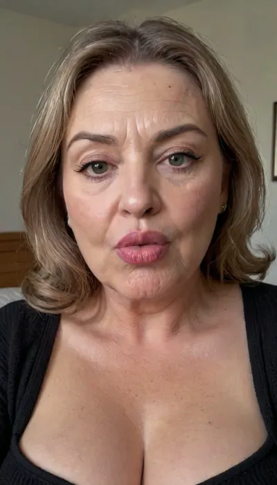 An ultra realistic portrait photo of a fat older woman wearing a tight black v-neck sweater standing in a modern bedroom, light brunette, bbw, round face, sexy mouth, big lips, sexy lips, looking at viewer, flirting, (expressive eyes, striking eyes, captivating eyes, mesmerizing eyes, sexy eyes), (detailed skin texture, skin imperfections), (age-appropriate skin condition, wrinkles, wrinkled skin, wrinkled face), cleavage, saggy, large, puckered lips, pouting, lipstick, <lora:Pouting_SDXL:.8>