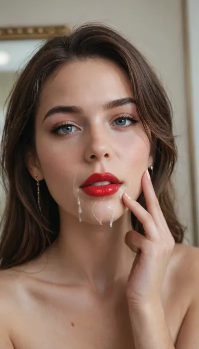 Slutwife, slut, cumslut, applying lipstick to her lips, red lipstick, in front of the mirror, cum dripping from her face