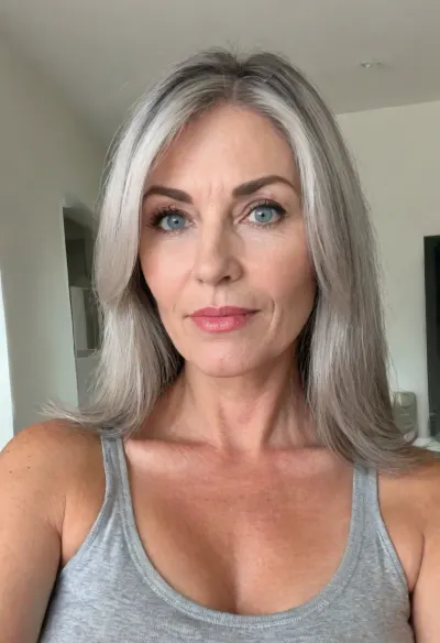 (mature, milf:1.5), An aged 65 year old woman posing with long light black hair with steaks of grey, the hair is medium-length, (very straight), and neatly parted in the center with strands of hair framing her face.
She has blue eyes that are deep-set, the eyes are medium in size and thin, and appear to have a neutral or contemplative expression. Her eyebrows are very light blonde in colour, they are thin, and follow a slightly curved shape.
Her aging face is elongated and slightly angular, with a defined but softer jawline. Her nose is straight and proportionate, with a slightly rounded tip.
Her cheeks are gently contoured with a slight hollowness that accentuates the structure of the face.
Her jawline is well-defined but softened by age, tapering into a slightly pointed chin.
Her lips are very thin, and neutral in expression, with no visible smile.
Her neck shows visible lines and natural aging.
Her skin is fair and shows natural signs of aging, including fine lines and wrinkles around the eyes, wrinkes on forehead, and wrinkes around the mouth area.
She has size 34b breasts.
She is standing fully naked in full view of the camera., puffy, nipples, dark, ghost, wide, <lora:Nipples XL:.8>