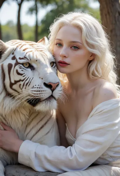 Cinematic masterpiece, the best quality, ultra details without noise, photographic realism, full body lateral plani, bolimetric light, beautiful albino muse with intense white hair in the wind, seductive angelic face, bitten lip, professional hugging an albino tiger, great depth of field, luxury 8k colors
