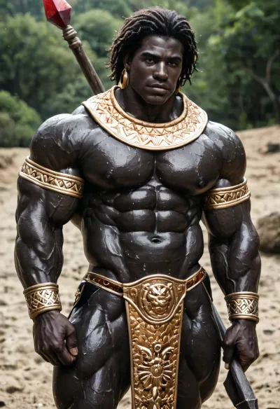 A big beefy massaï african warrior, big muscles, (black skin:1.5), (big muscles:1.3), big pecs, big abs, oiled body, sexy massaï african male warrior, weraing red and golden warrior costume, (massaï costume:1.5), holding a massaï Spear ling, sexy, hot, muscles tighs, standing proud in serengeti landscape, fantasy, cinematic, solo picture, gay warrior, gay picture, teasing man