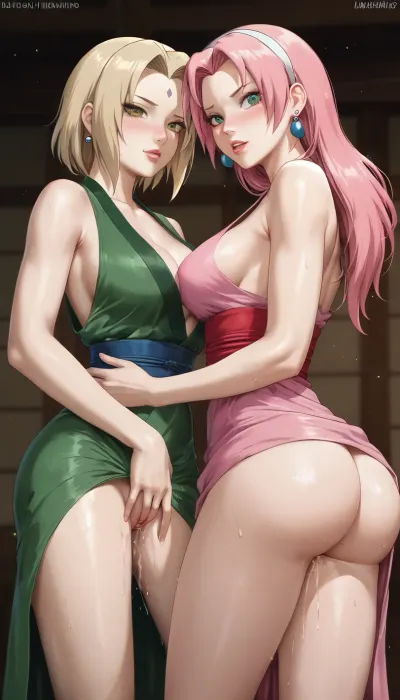 Naruto characters, (2girls), (Senju Tsunade and Haruno Sakura), (Senju Tsunade, big ass, big boobs, long hair, blond hair, green eyes, green dress), (Haruno Sakura, slim ass, small boobs, short hair, green eyes, pink hair, pink dress), lesbian sex, masturbate, pussy, pussy juice, (medium), Inuyasha style, lum, <lora:Takahashi Rumiko_XL:2>
