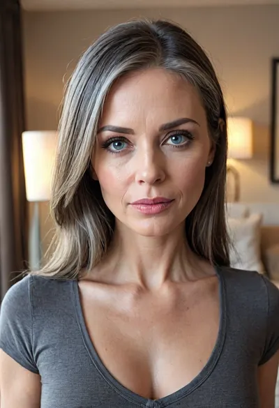 An aged 65 year old woman posing with long light black hair with steaks of grey, the hair is medium-length, (very straight), and neatly parted in the center with strands of hair framing her face.
She has blue eyes that are deep-set, the eyes are medium in size and thin, and appear to have a neutral or contemplative expression. Her eyebrows are very light blonde in colour, they are thin, and follow a slightly curved shape.
Her aging face is elongated and slightly angular, with a defined but softer jawline. Her nose is straight and proportionate, with a slightly rounded tip.
Her cheeks are gently contoured with a slight hollowness that accentuates the structure of the face.
Her jawline is well-defined but softened by age, tapering into a slightly pointed chin.
Her lips are very thin, and neutral in expression, with no visible smile.
Her neck shows visible lines and natural aging.
Her skin is fair and shows natural signs of aging, including fine lines and wrinkles around the eyes, wrinkes on forehead, and wrinkes around the mouth area.
She has size 34b breasts.
She is standing fully naked in full view of the camera.