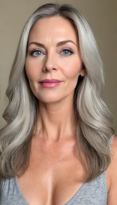 (mature, milf:1.5), An aged 65 year old woman posing with long light black hair with steaks of grey, the hair is medium-length, (very straight), and neatly parted in the center with strands of hair framing her face.
She has blue eyes that are deep-set, the eyes are medium in size and thin, and appear to have a neutral or contemplative expression. Her eyebrows are very light blonde in colour, they are thin, and follow a slightly curved shape.
Her aging face is elongated and slightly angular, with a defined but softer jawline. Her nose is straight and proportionate, with a slightly rounded tip.
Her cheeks are gently contoured with a slight hollowness that accentuates the structure of the face.
Her jawline is well-defined but softened by age, tapering into a slightly pointed chin.
Her lips are very thin, and neutral in expression, with no visible smile.
Her neck shows visible lines and natural aging.
Her skin is fair and shows natural signs of aging, including fine lines and wrinkles around the eyes, wrinkes on forehead, and wrinkes around the mouth area.
She has size 34b breasts.
She is standing fully naked in full view of the camera., puffy, nipples, dark, ghost, wide, <lora:Nipples XL:.8>