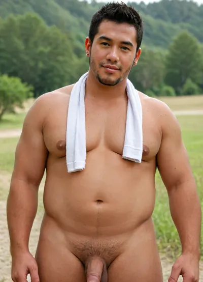 Cinematic, Angle, Male, Chubby, Asian, Brown Skin, Showing Cock to Us, Outdoors, Farmer, Towel, Smirk