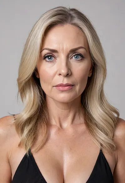 (mature, milf:1.5), An aged 65 year old woman posing with long light blonde hair with steaks of grey, the hair is medium-length, (very straight), and neatly parted in the center with strands of hair framing her face.
She has blue eyes that are deep-set, the eyes are medium in size and thin, and appear to have a neutral or contemplative expression. Her eyebrows are very light blonde in colour, they are thin, and follow a slightly curved shape.
Her aging face is elongated and slightly angular, with a defined but softer jawline. Her nose is straight and proportionate, with a slightly rounded tip.
Her cheeks are gently contoured with a slight hollowness that accentuates the structure of the face.
Her jawline is well-defined but softened by age, tapering into a slightly pointed chin.
Her lips are very thin, and neutral in expression, with no visible smile.
Her neck shows visible lines and natural aging.
Her skin is fair and shows natural signs of aging, including fine lines and wrinkles around the eyes, wrinkes on forehead, and wrinkes around the mouth area.
She has size 34b breasts.
She is standing fully naked in full view of the camera., puffy, nipples, dark, ghost, wide