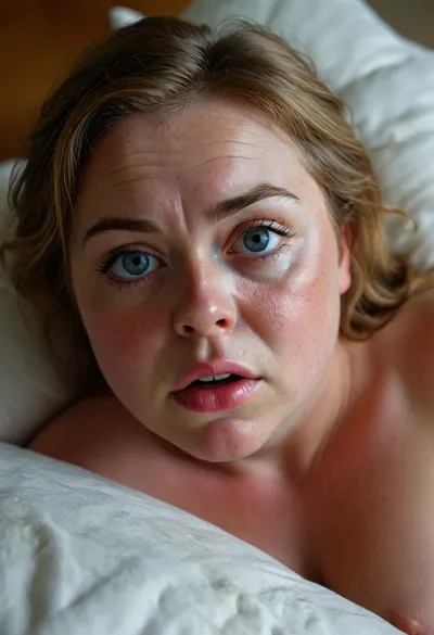 POV, (close-up:1.4), furrowed brow, looking at viewer, ((face focus)), RAW photo, subject, (high detailed skin:1.1), 8k uhd, soft lighting, high quality, film grain, Fujifilm XT3, 50 years nude old woman, ((her head is thrown back on the pillow)), milf, tan skin, ((angry:1.3)), lying down on her back, facing up, shot from above, aerial view, (orgasm), (open mouth), furrowed portrait, (sexy lips:1.2), ((light brown hair)), thick eyebrows, ((detailed face:1.2)), HD, full lips, extreme mouth detail, ultra realistic freckles, detailed skin, realistic skin, High Res, 4k, ultra-detailed, masterpiece, ultra high res, dslr, detailed skin texture masterpiece, Ultra realistic, natural skin tone, high definition, ((painful expression:1.3)), captivating blue eyes, (big eyes:1.3), (detailed eyes), (chubby face:1.3), wearing a lowcut v-neck sleeveless T-shirt, braless, Wearing, clothes, that, make, sense, with, Braless>, <lora:bralessSDXL_v1_00022:.5>, <lora:MJ52:.2>