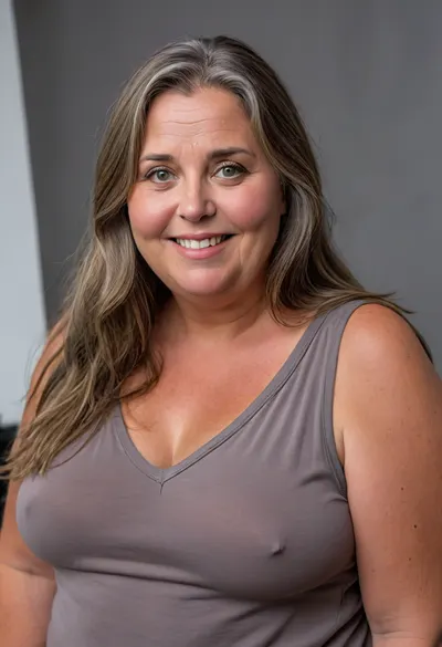 (obese:1.4), beautiful 60 year old woman stood in a, (photography studio:1.6), (perfect studio lighting), (obese:1.5), large breasts, drooping, saggy, (smile:1.3), (upper body shot), (detailed skin:1.8), (long brown straight hair with gray highlights:1.3), (big eyes:1.3), (detailed eyes), (chubby face:1.3), wearing a lowcut v-neck sleeveless T-shirt, braless, Wearing, clothes, that, make, sense, with, Braless>, <lora:bralessSDXL_v1_00022:.5>, <lora:MJ52:.2>