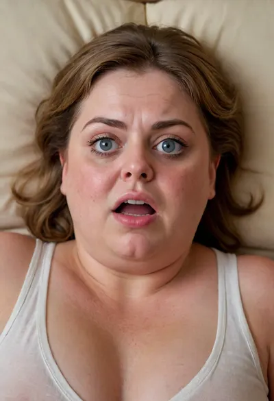 POV, (close-up:1.4), furrowed brow, looking at viewer, ((face focus)), RAW photo, subject, (high detailed skin:1.1), 8k uhd, soft lighting, high quality, film grain, Fujifilm XT3, 50 years nude old woman, ((her head is thrown back on the pillow)), milf, tan skin, ((angry:1.3)), lying down on her back, facing up, shot from above, aerial view, (orgasm), (open mouth), furrowed portrait, (sexy lips:1.2), ((light brown hair)), thick eyebrows, ((detailed face:1.2)), HD, full lips, extreme mouth detail, ultra realistic freckles, detailed skin, realistic skin, High Res, 4k, ultra-detailed, masterpiece, ultra high res, dslr, detailed skin texture masterpiece, Ultra realistic, natural skin tone, high definition, ((painful expression:1.3)), captivating blue eyes, (big eyes:1.3), (detailed eyes), (chubby face:1.3), wearing a lowcut v-neck sleeveless T-shirt, braless, Wearing, clothes, that, make, sense, with, Braless>, <lora:bralessSDXL_v1_00022:.5>