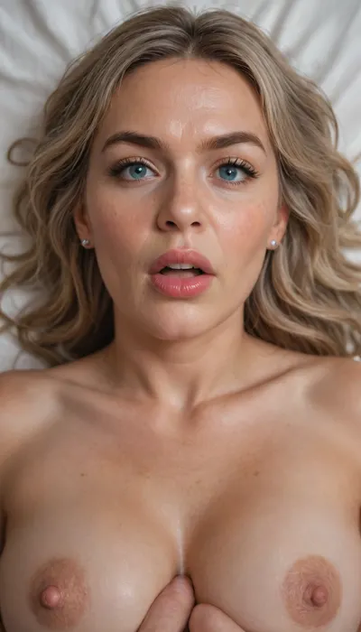 POV, male hands on her breasts, (close-up:1.4), furrowed brow, looking at viewer, (mature:1.5), ((face focus)), RAW photo, subject, (high detailed skin:1.1), 8k uhd, soft lighting, high quality, film grain, Fujifilm XT3, 50 years nude old woman, ((her head is thrown back on the bed)), milf, tan skin, ((angry:1.3)), lying down on her back, facing up, shot from above, aerial view, (orgasm), (open mouth), furrowed portrait, (sexy lips:1.2), ((light brown hair)), thick eyebrows, ((detailed face:1.2)), HD, full lips, extreme mouth detail, ultra realistic freckles, detailed skin, realistic skin, High Res, 4k, ultra-detailed, masterpiece, ultra high res, dslr, detailed skin texture masterpiece, Ultra realistic, natural skin tone, high definition, ((painful expression:1.3)), captivating blue eyes, (big eyes:1.3), (detailed eyes), (chubby face:1.3), soft saggy breasts drooping to her sides