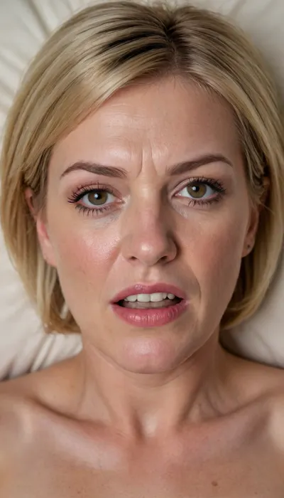 POV, (close-up:1.4), furrowed brow, looking at viewer, ((face focus)), RAW photo, subject, (high detailed skin:1.1), 8k uhd, soft lighting, high quality, film grain, Fujifilm XT3, 50 years nude old woman, ((her head is thrown back on the pillow)), milf, fair skin, ((angry:1.3)), lying down on her back, facing up, shot from above, aerial view, (orgasm), (open mouth), furrowed portrait, (makeup:1.2), ((blonde bob haircut)), ((detailed face:1.2)), HD, full lips, extreme mouth detail, ultra realistic freckles, detailed skin, realistic skin, High Res, 4k, ultra-detailed, masterpiece, ultra high res, dslr, detailed skin texture masterpiece, Ultra realistic, natural skin tone, high definition, ((painful expression:1.3))