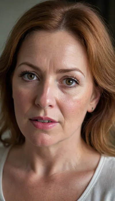 56 year old mature woman, curvy, fully dressed, casual clothes, looking at viewer, RAW photo, subject, (high detailed skin:1.1), 8k uhd, soft lighting, high quality, film grain, Fujifilm XT3, HD, full lips, extreme mouth detail, ultra realistic freckles, detailed skin, realistic skin, High Res, 4k, ultra-detailed, masterpiece, ultra high res, dslr, detailed skin texture masterpiece, Ultra realistic, natural skin tone, high definition, ((painful expression:1.3))