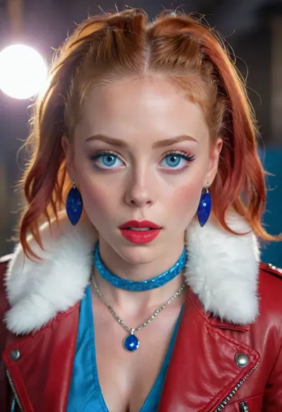 very cute tall young 26 years old skinny european asian girl, solo girl, (red dreadlocks:1.3), (bright makeup:1.2), (big wide bright blue eyes:1.3), Korean pop style clothes, a colorful blouse, a purple red Leather Jacket, (very fluffy Neckpiece:1.4), girl singing, rock concert, dark, bright spotlights, a lot of smoke fog, (highly detailed faces:1.2), <lora:CuteLora:.5>, <lora:FaeStyle:.5>