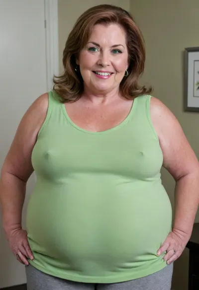 (Brunette ssbbw Gilf:1.4), beautiful 60 year old woman stood in a Dr office, (obese:1.5), (smile:1.3), (full body shot), (detailed skin:1.8), (auburn straight hair with gray streaks:1.3), (captivating big light green eyes:1.3), (detailed eyes), (chubby face:1.3), wearing a lowcut v-neck white sleeveless T-shirt, braless, Wearing, clothes, that, make, sense, with, Braless>, <lora:bralessSDXL_v1_00022:.4>