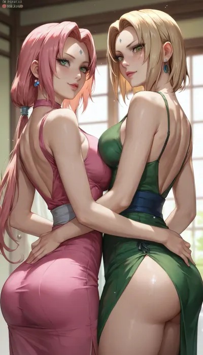 score_9, score_8_up, score_7_up, score_6_up, Naruto characters, (2girls), (Senju Tsunade and Haruno Sakura), (Senju Tsunade, big ass, big boobs, long hair, blond hair, green eyes, green dress), (Haruno Sakura, slim ass, small boobs, short hair, green eyes, pink hair, pink dress), lesbian sex