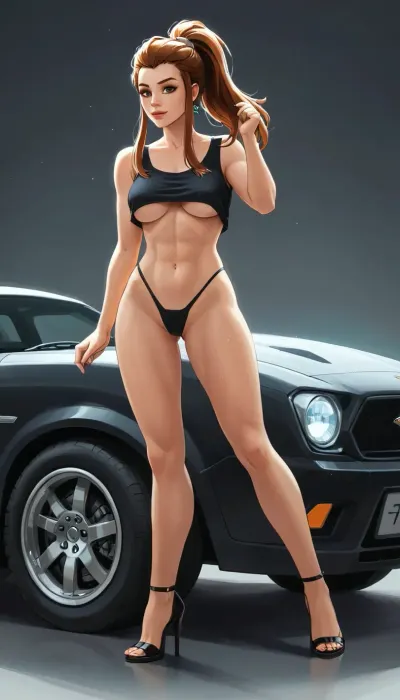 Brigitte from Overwatch, full body, leaning casually against a stylized sports car, GTA 5 loading screen style, illustrated car with cel-shaded outlines and clean shading, bold stylized realism, smooth vector-like shapes, Brigitte in a sexy outfit, (underboob tanktop, thong, and heels), vibrant colors, cinematic composition, pastel gradient background, dramatic lighting, Rockstar Games poster illustration, digital painting, polished, samdoesart, <lora:samdoesart_style_xl_v1:.5>, <lora:Animated_Concept:.5>, <lora:outline_xl_kohaku_delta_spv5x:1.5>, <lora:GTAVstyleDoguXLv2:2>