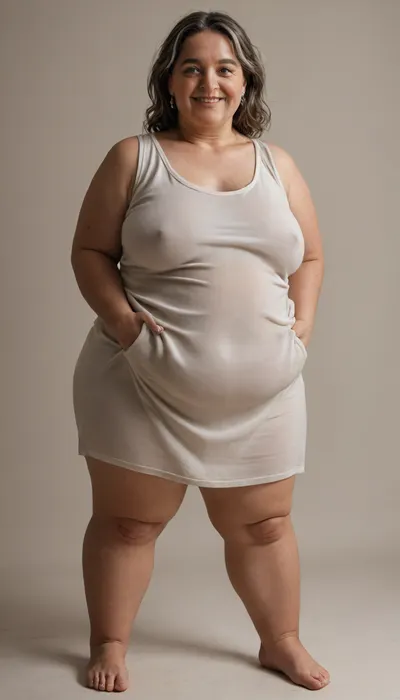 (Brunette ssbbw Gilf:1.4), beautiful 60 year old woman stood in a, photography studio, (obese:1.5), large drooping saggy breasts, (smile:1.3), (full body shot), (detailed skin:1.8), (long brown straight hair with gray highlights:1.3), (big light blue eyes:1.3), (detailed eyes), (chubby face:1.3), wearing a lowcut v-neck white sleeveless T-shirt, braless, Wearing, clothes, that, make, sense, with, Braless>, <lora:bralessSDXL_v1_00022:.5>, <lora:MJ52:.2>