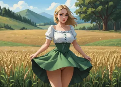 A close up of woman’s crotch, frontal view, GTA 5 loading screen style, stylized realism with painterly shading, bold cel-shaded outlines, (a peasant woman in a medieval green upskirt dress, corsage, white blouse, neckline, blonde, makeup, a attractive woman of 25 years old, with large round breasts, wide hips, medium ass and a virgin cunt, works in the field), (wind lifts up her skirt showing upskirt her pussy), pubic hair, (Oktoberfest dress wind lifting dress), (wheat field, ears, sickle, sheaves), vibrant colors, Rockstar Games poster illustration, polished digital painting, samdoesart, <lora:samdoesart_style_xl_v1:.3>, <lora:Animated_Concept:.3>, <lora:outline_xl_kohaku_delta_spv5x:.5>, <lora:GTAVstyleDoguXLv2:1.5>