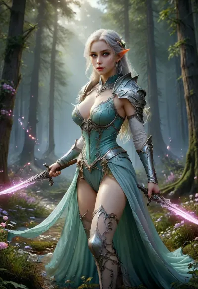 Beautiful female elf warlock, servant of an Archfey patron, regal and otherworldly. Tall and elegant with a slim but powerful build, flawless pale skin with a faint shimmer, sharp angular elven features, long flowing silver hair, and piercing emerald eyes glowing faintly with fey magic, large bimbo breasts. Wearing enchanted ornate plate armor with flowing natural motifs, leaves, vines, and silver filigree, glowing with faint green and violet arcane light. Green lace stockings. A cloak of deep twilight blue billows behind her. Wielding a glaive with an ethereal crystalline blade that hums with fey power, runes glowing along the shaft. Standing in a moonlit forest clearing where flowers bloom at her feet, glowing will-o’-wisps and faint arcs of faerie fire floating in the air. Ultra-realistic high fantasy art, highly detailed, cinematic magical lighting, atmosphere of beauty, danger, and fey majesty., raw, lighting, overexposed, harsh, flash, downblouse, nipslip, Curved, Sword, Slash, <lora:MJ52:.5>, <lora:Rawfully Stylish v0.2_epoch_20:.8>, <lora:RealDownblouseXL2:.1>, <lora:XL_Weapon_Curved_Sword_Slash__-_By_HailoKnight:.8>