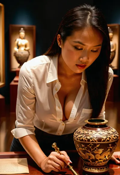 ((photorealism)), (high quality:1.2), (detailed facial features:1.1), (well-lit scene:1.1), (perfectly detailed face:1.2), (excellent composition:1.1), ((beautiful Asian woman looking at an artifact in a museum)), smooth skin, black hair in a ponytail, white shirt, unbuttoned almost to the waist, exposing the upper part of her big full breasts, tight-fitting khaki pants, black boots, bent over a glass display case with an ancient Chinese vase, (detailed inlaid vase:1.1), (examining the vase through a magnifying glass:1.5), soft studio lighting, dark museum background, defocused background with other artifacts on the wall, bright reflections on the glass, (depth of field:1.1), side lighting, natural lighting, 8k, ultra-detailed, DSLR, (Fujifilm XT3:1.1), ISO 200, 1/160s, f/2.8, NEGATIVE_HANDS, downblouse, nipslip, <lora:681678_training_data:.8>, <lora:RealDownblouseXL2:.8>