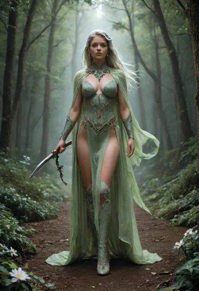 Beautiful female elf warlock, servant of an Archfey patron, regal and otherworldly. Tall and elegant with a slim but powerful build, flawless pale skin with a faint shimmer, sharp angular elven features, long flowing silver hair, and piercing emerald eyes glowing faintly with fey magic, large bimbo breasts. Wearing enchanted ornate plate armor with flowing natural motifs, leaves, vines, and silver filigree, glowing with faint green and violet arcane light. Green lace stockings. A cloak of deep twilight blue billows behind her. Wielding a glaive with an ethereal crystalline blade that hums with fey power, runes glowing along the shaft. Standing in a moonlit forest clearing where flowers bloom at her feet, glowing will-o’-wisps and faint arcs of faerie fire floating in the air. Ultra-realistic high fantasy art, highly detailed, cinematic magical lighting, atmosphere of beauty, danger, and fey majesty., raw, lighting, overexposed, harsh, flash, <lora:MJ52:.5>, <lora:Rawfully Stylish v0.2_epoch_20:.8>