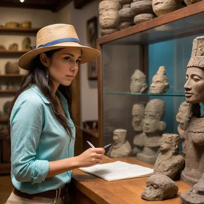 (Gran anguar, uhd maximum resolution, 8k, ultra detailed, luxury details, high quality microtexture, no sound soft light, no impurities no errors:1.3), (perfect image ultra realistic, best quality, the archaeologist studies archaeological elements during a visit to the mayan archaeology museum), . In the center of the image there are different archaeological objects on the left of the image, as well as on the right display cases with mayan objects of very ancient dating. The woman is wearing a flat plate hat, a light archaeology shirt, pants and high mountain boots., (stares at the objects and takes notes for their study:1.2), (perfect hands well detailed perfect eyes well detailed:1.2), green, eyes, blue, brown, perfecteyes, <lora:PerfectEyesXL:.8>, <lora:681678_training_data:.8>