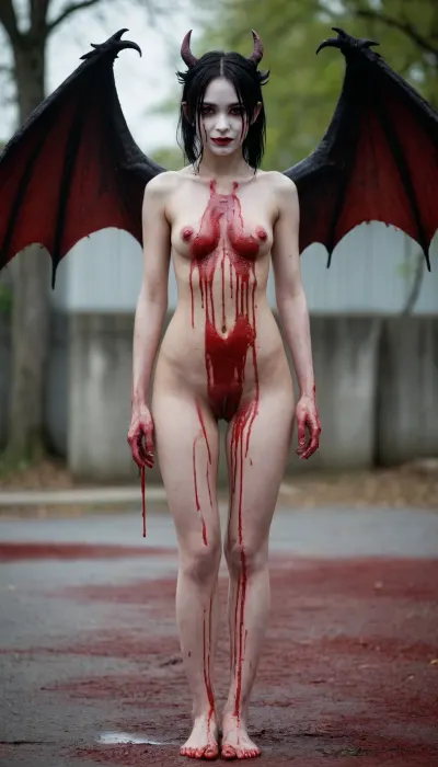 1girl, solo, full body, Asian, cute, tall, perfect eyes, standing up tall, blood on the ground, blood on body, horror theme, smile, blood on hair, nude, dripping, a lot of blood on the body, dragon wings, goth mime with white face.