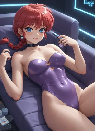 "Ranma Saotome, (female form), in a highly stylized anime art style, lying provocatively on a purple sofa. She's wearing a shiny, revealing purple outfit with heart-shaped cutouts and a black choker. Her red hair is styled in a short, spiky bob with a braid over one shoulder. She has a seductive expression with blue eyes, a slight smile, and blush. Her body is glistening as if wet. The background is a neon-lit, futuristic room with glowing pink and blue lights, suggestive of a club or a sensual setting. Highly detailed, vibrant colors, dynamic lighting.", Inuyasha, Higurashi, Kagome, Sesshoumaru, Kikyo, ranma-chan, shampoo, (ranma, 1/2), lum, <lora:Takahashi Rumiko_XL:.8>, <lora:add-detail-xl:.8>, <lora:detailed_notrigger:.8>, <lora:DetailedEyes_V3:.8>, <lora:legupsex_XL_9_-000009:.8>