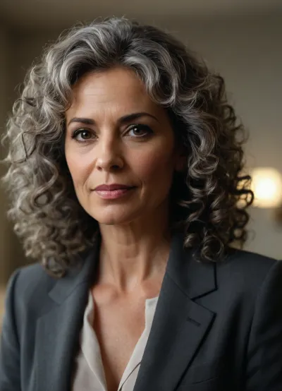 business woman 50-years old, salt-and-pepper hair, medium hair, curly hair, lit room