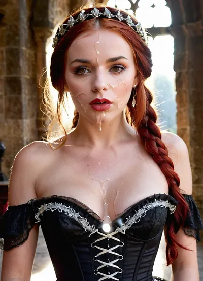 Create a High quality hardcore porn bukkake picture, Closeup face, A seductive, beautiful, sexy horny Irish supermodel has pale, porcelain skin, brown eyes, plump crimson lips, dramatic dark red and black eye makeup with delicate tear-like patterns, and long crimson hair arranged in intricate braids and adorned with an silver jeweled headpiece. Her facial expression is orgasmic and shy, with a slightly parted mouth. She has tons of sperm in her hair, in her face and mouth and massive cum on her clothes. She likes that and tastes the Cum sticking a finger with sperm in her mouth, She wears a luxurious, dark red and black off-shoulder high-low Victorian dress with layered, ruffled skirts, delicate lace trimming, and a fitted corset bodice that accentuates her hourglass figure. Her figure is slender and curvy, exuding sensuality. She Provocatively lifts up her dress, splits her legs wide and exposes her naked shaved pussy to the viewer. She rubs her pussy Soft beams of golden sunlight cut through the castle mist, casting dramatic highlights on her hair and the shimmering patterns of her dress. The background reveals a gothic Large, Entrance hall of an old castle heightening the dark romantic atmosphere., skirt, lift, lifted, by, self, hand, down, clothes, masturbation, <lora:skirt lift XL V2:.8>, facialized, superfacialized, <lora:facialized:.8>, woman, <lora:JustCum:.8>, on, face, <lora:Men'sFacialV3.8:.8>