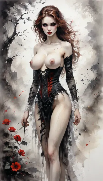 bloody lips, ((Sumi-e style painting of victorian era vampire bride)), pale skin, ((vampire)), ((bloody splash)), realistic blood, (Disturbing horror:.5), The bride is a vampire, in a sexy corset dress, fangs, bright vampire eyes, beautiful long bright red curly hair, an open mouth with very long vampire fangs, long pointed teeth. Seductively, predator's eyes, very detailed iris, long eyelashes, big lips, full lips, detailed face, very long hair, penetrating gaze, seductive, sexy, glamorous, plump lips, red lipstick, vampire, Magical girl, (dressed in lace armor:1.18), a beautiful surreal dark forest, colorful, glowing grass, glowing flowers, long legs, very sexy, ((sexy lace:1.3)), atmosphere, ((sumi-e white painting and ornament beautiful flower garden)), sunset rays, fog, distant mountains reflecting the surrounding light, beautiful view of the elven city illuminated by light, sparkling waterfalls, buildings, distant mountains, fantastic surroundings, overgrown nature, mysterious mood, (sexy lace summer dress), slim waist, toned body, scarlet flowers in her hair, Gorgeous goddess, sexy athlete with wide hips, (((VERY THIN))), (((VERY ATHLETIC))), very fit, sculptural body, athletic body, chiseled body, TONED BODY, (((SUPERMODEL))), athlete with curves, muscular body, abs, (musculature:1.3), (six-pack abs:1.1), (muscles, toned body, abs, perfect body), (perfect ass, toned ass), slender body, toned abs, ((big breasts)), tall, (long legs:1.2), (straight legs:1.3), physique of a gymnast, slender athletic legs, rounded hips, very high legs, athletic buttocks, (huge round breasts:1.5), amazing ass, elegant, sensual, erotically beautiful attractive fitness model, perfect body, very narrow waist, pretty girl with bright makeup, (straight legs:1.2), standing on her feet, toned physique of a female fitness model, perfect breasts, protruding breasts, very detailed skin, protruding lips, transparent, fishnet tights, aesthetics, (zentangle, mandala, tangle, entanglement), (Fractal art:1.3), a beautiful form of chaos, romanticism, sumi-e, <lora:[XL]Sumi-e:1.2>, <lora:Sumie_Ink-GMR-000008:1.1>, <lora:InkWashpainting:1>