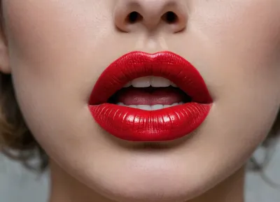 very close up of the lips, intense red lipstick