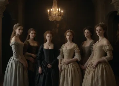 (hyperréaliste:1.6), (renaissance, Rembrandt-like atmosphere), group of beautiful ladies 50-years old, Flemish lace garment, flange, cleavage, halberdier behind them, castle, full body view