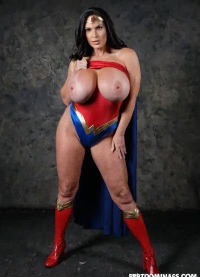 Wonderwoman perfect lookalike with oversized giant breasts, perfect muscular body, real grandmother style, Wonderwoman suit cosplay, retro background, dark hair High detailed photo, high quality photo, photo studio