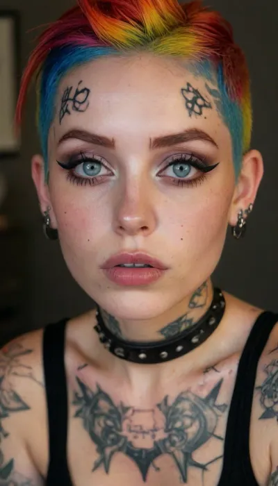 ziprealism, (punk, punk rock, punk rock woman, spiked choker, guaged ear piercing:1.6), (confident pose, (smug), , , large expressive eyes, angular facial features:1.6), (tattoos, punk esthetic makeup, small perky breasts:1.8), (warm romantic lighting, shallow depth of field, strong saturation, vintage analog lens, Dutch Angle, focus on lips:1.4), (goosebumps, vellus hairs, freckles, perfect eyes:.4), (rude hairstyle, multicolored hair, undercut hair:1.2), (natural skin texture, maximum quality skin texture, RAW photography, uncompressed), (cozy bedroom, large comfortable bed), igbaddie, <lora:style_lora_realis:.8>, <lora:igbaddie-XL:.4>