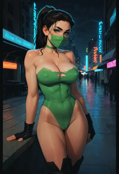 A dynamic full-body illustration of “The Green Shadow”, a female superhero, athletic and slender yet busty, with black hair in a high ponytail and loose strands, blue eyes, wearing a torn and ripped strapless dark-green leotard, dark-green long gloves and dark-green boots, dark-green face mask covering her lower face from the nose down, large breasts, erect nipples, cleavage, (broken clothes), drawn in a bold comic book style with dramatic shadows, dynamic pose, vibrant colors, thick inking lines, speed lines in the background, urban night setting with neon lights, high detail, incase, style, samdoesart, <lora:287175_training_data:1.5>, <lora:samdoesart_style_xl_v1:.5>, <lora:Animated_Concept:.5>, <lora:outline_xl_kohaku_delta_spv5x:.7>