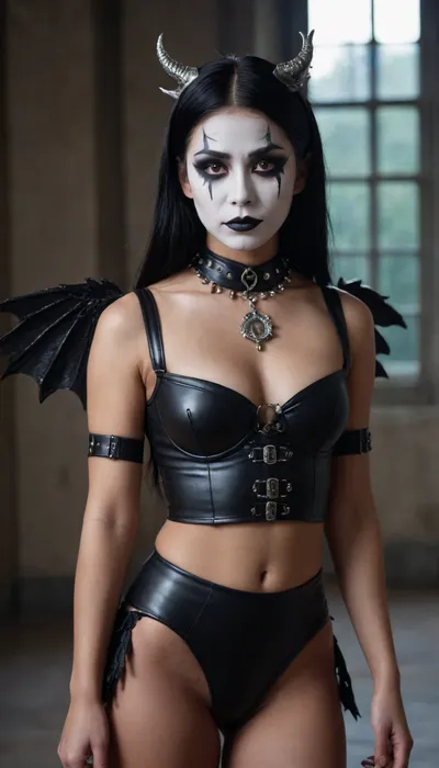 Asian, goth mime, dark skin, very tanned, 19-year-old girl, long black hair, shaved pussy, medium breasts, metal slave collar with ring, mime makeup, dragon wings.