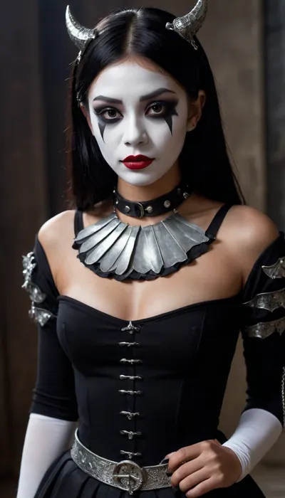 Asian, goth mime, dark skin, very tanned, 19-year-old girl, long black hair, shaved pussy, medium breasts, metal slave collar with ring, mime makeup, dragon wings.
