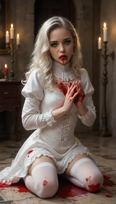 ((HD photorealistic, close up face)), (short white victorian dress), Beautiful 35 year old caucasian, nymphomaniac female elf vampire., long pointed ears., (lace thigh high white stockings:1.1), white hair, long hair with big curls., pale blue gray eyes, (dark eyeliner:1.3), smokey eyes, eyes narrow and provacative., thin nose., suckingone of her fingers., lustful expression., medium round breasts., thin, athletic build., pale white skin., ((night in a candlelit room, blood splattered walls, puddles of blood on the stone floor, on her knees, sucking blood off one of her fingers)), (blood covered hands:1.2), (blood smeared mouth:1.2), (blood over white victorian dress:1.2), (blood over white thigh high stockings:1.2), (blood splattered walls:1.3), <lora:PerfectEyesXL:2>, <lora:add-detail-xl:2>, <lora:1460523_training_data:.8>