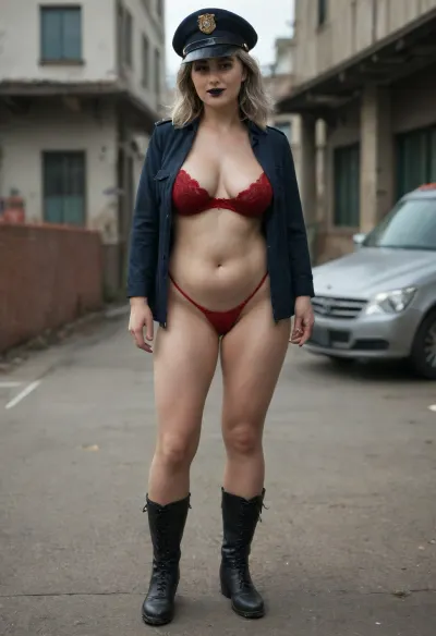 middle aged, ((56 years old:1)), OBESE woman, overweight, very big boobs, shaved pussy, gray hair, ((wrinkled face:1)), high cheekbones, black lipstick, black makeup, SHAGGY TITS, SHAGGY BELLY, red transparent lace bra, military uniform, cap, ((without skirt)), ((without panties)), ((very long boots:1.1)), belt, full figure visible, outdoor, military police, realistic image, ultra HD, 8k, veinyonez, chubbyonez, matureonez, <lora:realboobzXL:.8>, sagging, breasts, <lora:sagging-000015:.8>