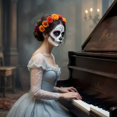 illustration. dias de los muertos, draw with ink and brush, symphonic metal, Harpsichord, virtuos, female, create a captivating blend of lush backing textures, sweeping arrangements, epic and majestic. shrouded in soul aura and decay fog. Three levels. shallow depth of field, parallax. close-up.
