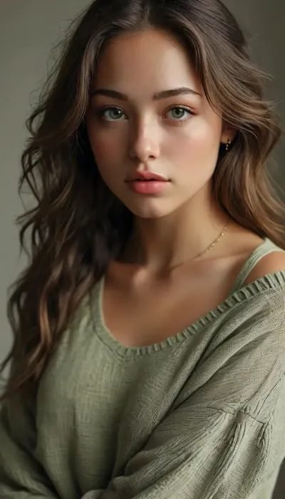 (Elsie Hewitt:1.5), 1girl, navel_piercing, underwear, panties, solo, long_hair, realistic, sweater, piercing, navel, black_hair, (very busty:1.2), indoors, black_panties, looking_at_viewer, grey_sweater, lips, Ultra-realistic portrait of a young woman, striking green eyes, long wavy hair, light olive skin, symmetrical and well-defined facial features, natural and serene expression. Soft warm lighting, neutral or slightly blurred background. High-definition photo, (full body:1.4), realistic skin texture, sharp details in eyes, eyebrows, and lips. Editorial fashion magazine style, ultra-high-quality 8K realism, cinematic depth of field, professional lighting., <lora:MJ52:.8>