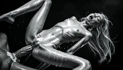 black and white picture, monochrome, cute 24 year old girl, lean body, (Petite girl, very skinny, platinum blonde hair, long hair, moaning, orgasm, large tits, small cute butt, long legs, impossible fit, erect nipples, naked, sweaty, wet), looking at viewer, Grabbing her breast, a young guy with a, (huge dick:1.4), fucks her in her ass, deep anal, (Dynamic angle:1.4), masterpiece, high contrast, best quality, amazing quality, highest quality, UHD, 8K, 8k wallpaper, clear image, photorealistic, super realistic photography, super detailed images., (dark shadows:.7), fine details, <lora:dark:.4>, <lora:RMSDXL_Enhance:.9>, <lora:longnipsxl:.8>, <lora:uberfit_lora_sdxl:.4>